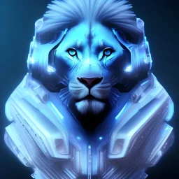 A beautiful portrait of a cyborg lion blue color scheme, high key lighting, volumetric light high details psychedelic background