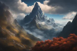 A lonely steep massiv mountain with a needle thin tower on the top reaching the clouds. fantasy concept art, exquisite realism, a masterpiece, dynamic lighting, hyper detailed, intricately detailed, deep color, Unreal Engine, volumetric lighting , Epic cinematic brilliant stunning intricate meticulously detailed dramatic atmospheric maximal,