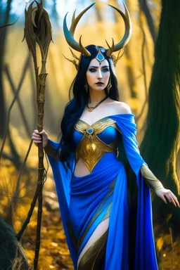 A picture of a beautiful blue faced Korean goddess with skin painted blue, blue body, blue torso, wild black hair, stag antlers, elven ears, golden skirt, holding a staff in a sunny forrest