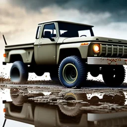 hyperrealistic shot, muddy aggressive military toy truck, monotone color palette, sharp focus, puddle reflection, tire water splash, refraction, mist on the horizon, shadowcast, detailed and intricate, cinematic composition, micro, tilt shift photography