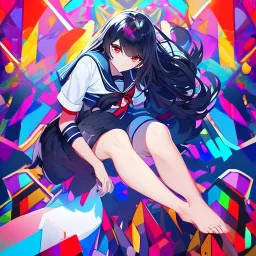 Clear focus, High resolution, long black fluffy hair, red eyes, chopped bangs, wearing a sailor uniform, wearing a sailor skirt, colorful, hollywood, female, human, mortal, thin legs