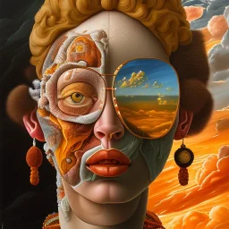 a painting of clouds in orange sunset, by lucian freud and botero, textured, anatomically correct, beautiful woman perfect face, green eyes, sharp focus, highly detailed. desolate background. the royal tenenbaums