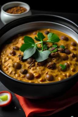 A bowl of daal makhani with creamy black lentils simmered with tomatoes, ginger, and garlic.