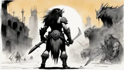 [high res illustration by Ralph Steadman] the back of the Barbarian female warrior who is aremed to fight in the shadows of the labyrinth city of Lankhmar: In the center of the dark plaza, is a creature which body is a grotesque amalgamation of dust and fumes, twisting, motioned by some unspeakable evil. Its threatening eyes are burning coals.