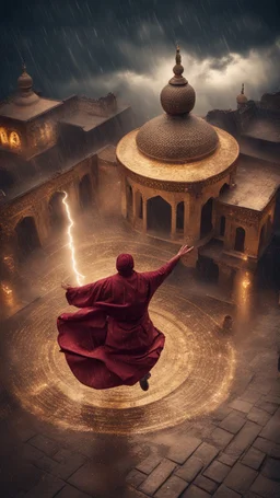 Hyper Realistic photographic-aerial-view Sufi Whirling with Golden & Maroon Islamic Sufi Rustic Grungy Background with thunderstorm at heavy rainy night outside an ancient Islamic architectural building showing dramatic & cinematic ambiance.