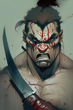 Draw me a fighter who is very miserable and angry, and I want him to bear a sword and be angry and have blood coming out of his eyes