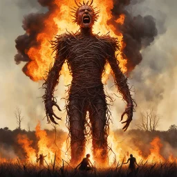 movie poster of long shot of Giant Wicker Man statue in field set afire, by Ashley Wood. photorealistic, movie still, dramatic, creepy, modern movie poster art composition by Drew Struzan, licking flames, raging conflagration