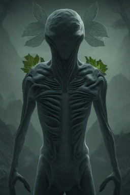 running alien portrait , black jogging suite , in the night Alps , holding leaves and coins , angels background, volumetric light, high detail, dark leaf tree, dark mountains in background, perfect, HR Giger style