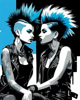 expressive oil painting of two women sitting next to each other, blue mohawk hair in the air, punk hairstyle, punk rock with mohawks, girl standing, punk woman, two skinny figures, two girls, female forms, drawn in a neo-noir style, blue silver and black, heavy brushstrokes, speedpaint, black and white vector art, cyberpunk comic cover art, by Ben Templesmith, by Vladimír Vašíček