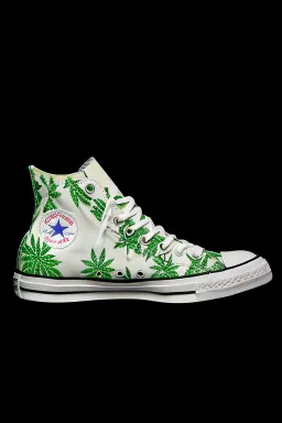 A red converse sneaker with weed leaves printed on the material, green, yellow and red colors