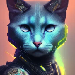 A beautiful portrait of a cute cyberpunk cat by sandra chevrier and, greg rutkowski and wlop, purple blue color scheme, high key lighting, volumetric light, digital art, highly detailed, fine detail, intricate, ornate, complex, octane render, unreal engine, photorealistic