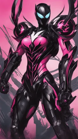 A close picture to Mix between gwenpool and symbiote, symbiote venom with transformers, high details machine, pink and black custom, intricate details, highly detailedin in solo leveling shadow art style