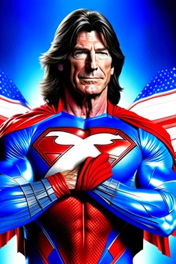 Paul Stanley/Elvis Presley/Pierce Brosnan/Jon Bernthal/Sean Bean/Dolph Lundgren/Keanu Reeves/Patrick Swayze/ hybrid, as the extremely muscular Superhero "SUPERSONIC" in an original patriotic red, white and blue, "Supersonic" Super suit with with an America Flag Cape,