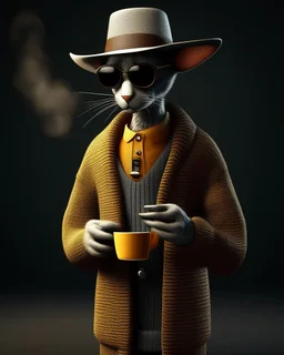 Cool Dude. slender sophisticated Oriental shorthair Siamese chocolate point cat cat standing upright on two legs wears a chunky mustard knit cardigan, patterned trousers and a wide-brimmed felt hat, cradling a steaming ceramic mug in one paw with supreme nonchalance. Exaggerated long whiskers and circular dark sunglasses complete the effortlessly cool ensemble. Full-body photorealistic 3D character render against a moody warm-grey studio background with dramatic side light