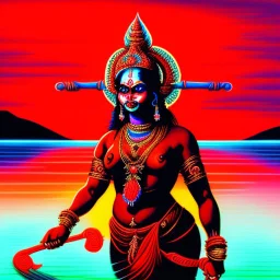 An oil painting of goddess Kali crossing a lake, neon red colors,