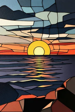 An intricate illustration in acrylics of a sunset over the sea in muted tones in full size , intricate cubist style, geometric forms in the artistic style inspired by Pablo Picasso, muted colors.