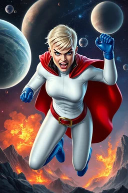 Karen Starr, full body, superhero landing pose, young athletic white female, crew cut bleach-blonde hair, blue eyes, thick black eyebrows, round face, semi-pointed chin, muscular build. Wearing white long-sleeved bodysuit with high collar, blue elbow gloves, red belt with gold buckle, red cape, blue knee boots. Snarling expression, sharp fangs. Background: outer space, planets, stars, galaxies, fire, explosions, volcanic lava, craggy peaks. Photorealistic