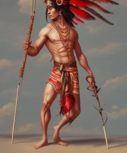 Guaicaipuro, native american god warrior, long black hair, big muscles, red feathers headdress, shirtless, holding a stone tip spear