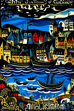 A dark blue village on a bay with pirate ships designed in Bayeux tapestry painted by Paul Gauguin