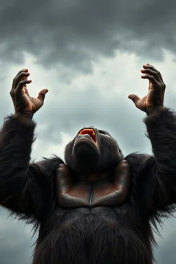 A gorilla anger , looking up to the sky , raising both hands up like prayer. A cloudy stormy . 4k, dramatic scene,