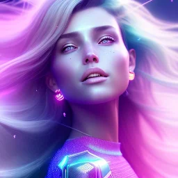 A portrait of a crystalised beautifull girl,smiling, laughting longs hairs, atmospheric, realistic,, cinematic lighting, octane render,, pink turquoise light, blue eyes nice