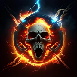 fiery fiery skull inside an ellipse and with lightning around it