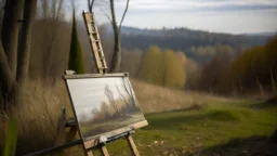 In the foreground, there is an easel holding a canvas that seems to blend into the landscape in the background