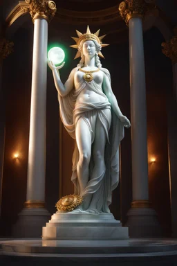 highly detailed marble and jade statue on a plint of the 40 year old roman goddess of the sun holding the sun in her hands. glowing sun halo around head. face of a model. beautiful legs. beautiful feet. tiny bosom. full body shot, volumetric fog, Hyperrealism, breathtaking, ultra realistic, unreal engine, ultra detailed, cyber background, Hyperrealism, cinematic lighting, highly detailed, breathtaking, stunning temple environment