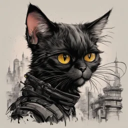 create a wild caricature of a grizzled streetwise cyberpunk female mercenary Black cat, highly detailed with refined feline features in the cartoon caricature style of Gerald Scarfe and Ralph Steadman precisely drawn, boldly inked, vividly colored, 4k