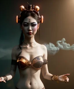 Ultra realistic, steampunk , , cabaret scene. Geisha Asian woman. alien, smoke, happy, color fog, people background, highly detailed, concept art, unreal engine 5, god rays, ray tracing, RTX, lumen lighting, ultra detail, volumetric lighting, 3d, finely drawn, high definition, high resolution.