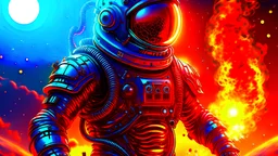 dark portrait of a detailed chrome steampunk astronaut on a flaming alien world.