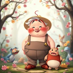 en lustig fet pojke som heter Ballefjong, han lever i en sagovärld fylld av sagoväsen, Ballefjong är skär och har ett rött huvud med vitt hår, snickarbyxor och halmhatt, disney style, hans husdjur och vän Tom peng pung står bredvid
