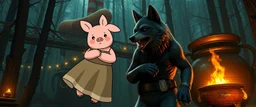 huge hot dog factory under the bridge , in magical black forest the bad hairy chest shiny mutant wolf carrying a lovely scared wtf are you up to, Korean pig girl with dress under his arms, big cauldron in the background in the style of fallout 4,