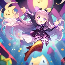 Clear focus,High resolution, Black long straight hair, and purple eyes, wearing a skirt,with stocking, with long boots on, Happy, Jumping, Loli