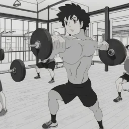 man with muscles doing fitness in a fitness studio, black and white only