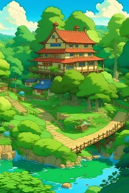 a house, a beautiful garden, a river, some trees, ghibli style