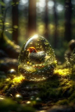 picture of a magical forest sparkling with light,cute chicken inside transparent egg,shot on Hasselblad h6d-400c, zeiss prime lens, bokeh like f/0.8, tilt-shift lens 8k, high detail, smooth render, down-light, unreal engine, prize winning