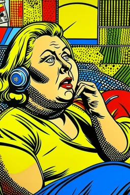 fat woman sitting on sofa listening to radio watching tv news in a room with signs of propaganda in the style of roy lichtenstein