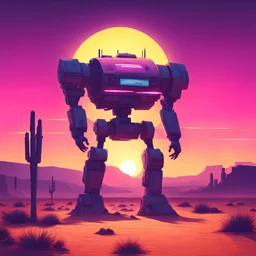 a big robot in a desert, synthwave picture style with light pixel, the sunset on the horizon, with a big pixelated sun and a half moon