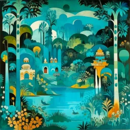 A turquoise jungle with a lake designed in Javanese shadow puppets painted by Wassily Kandinsky