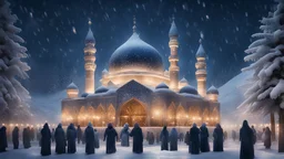 Hyper Realistic Photographic-view of people worshiping outside a Huge-Beautiful-Glass-Mosque-with-detalied-craft-work-on-walls & with Navy-Blue minarets & garland-lights on a frozen-mountain-top with heavy-snowfall-night showing dramatic & cinematic ambiance.