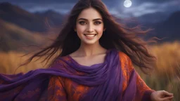 Hyper Realistic Close-up-face-view of a Beautiful Young Happy Pashto Girl with beautiful-eyes & long-black-hair smiling & wearing purple-&-orange-embroidery-dress-with-maroon-shawl whirling with breeze, tall-grass along with a thick-tree on mountain top & cloudy-moonlight at night showing dramatic & cinematic ambiance