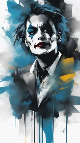 aesthetic, painterly style, modern ink, joker, blue, sensual, sultry, dark blouse, expressive pose, urbanpunk, abstract texture multilayer background, neo-expressionist , Russ Mills, Ian Miller