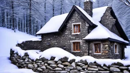 stone cottage in forest in winter