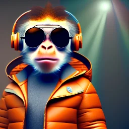 Monkey toddler, smile, steampunk headphone, sunglass, gangsta neckless, full body, orange puffer jacket, tokio background, dramatic lighting, hyper realistic, unreal engine 5, 16k