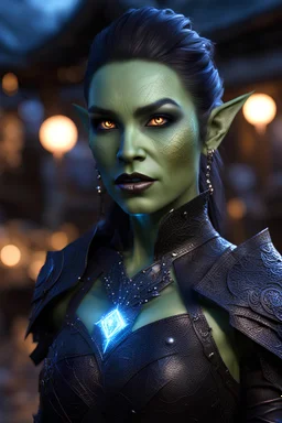 3.4 body shot, green skin,beautiful face, female gorgeous orc, 2 fang visible on mouth, thin, lightning crackle crested around her armor as symbols,dark hair, detailed glowing ornamental magical pattern armor, glowing gem crackling with lightning implanted on leather armor, 8k, high detail, market background, midnight, facing viewer, front facing