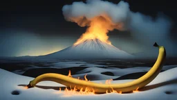 tubular bells, bells, percussion, bananas, flames, snow, night darkness, distant volcano, award-winning colour photograph, beautiful composition, chiaroscuro, style salvador dali