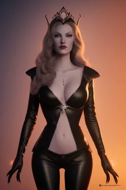 Veronica Lake as evil queen in black leather, busty, cleavage, curvy, angry, stern look. character design by cory loftis, fenghua zhong, ryohei hase, ismail inceoglu and ruan jia. unreal engine 5, artistic lighting, highly detailed, photorealistic, fantasy