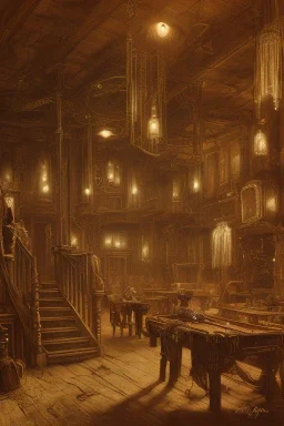 Inside Saloon in Western town in 1880 at night painted by HR Giger