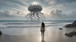 Wide-angle shot of a woman, standing to one side on a beach with huge waves, with dark hair in a silver robotic catsuit, many gigantic flying jellyfish with tentacles floating above her, masterpiece, best quality, super detailed